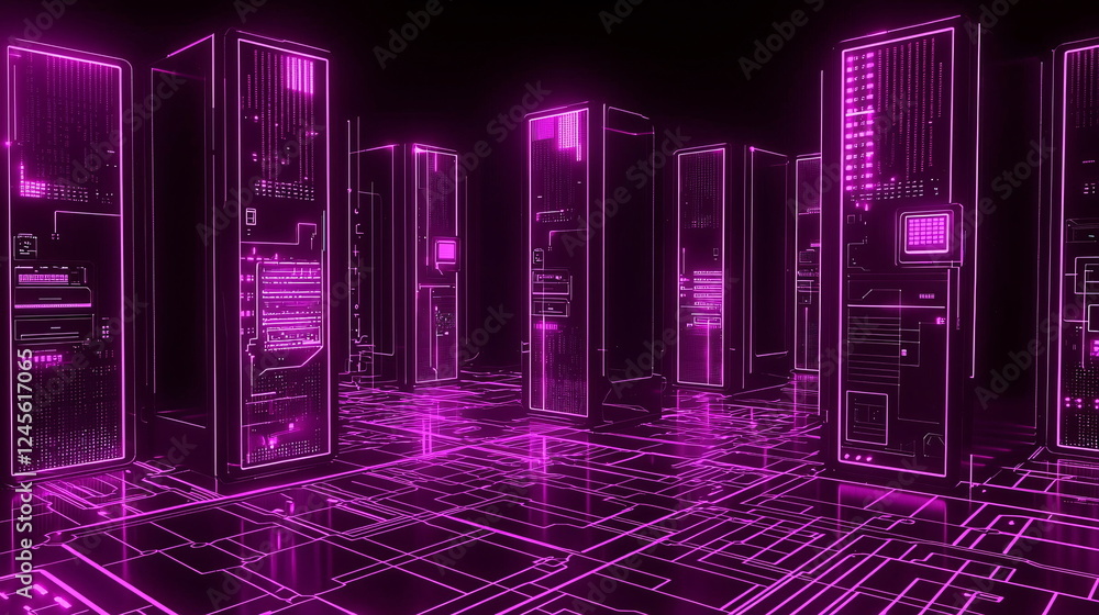 Aufkleber neon pink server room with glowing circuits and digital elements creating a futuristic technology en