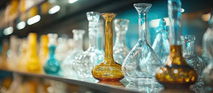 Classic glass bongs in vibrant colors of amber and clear displayed on a wooden shelf illuminated by soft ambient lighting in a trendy store.
