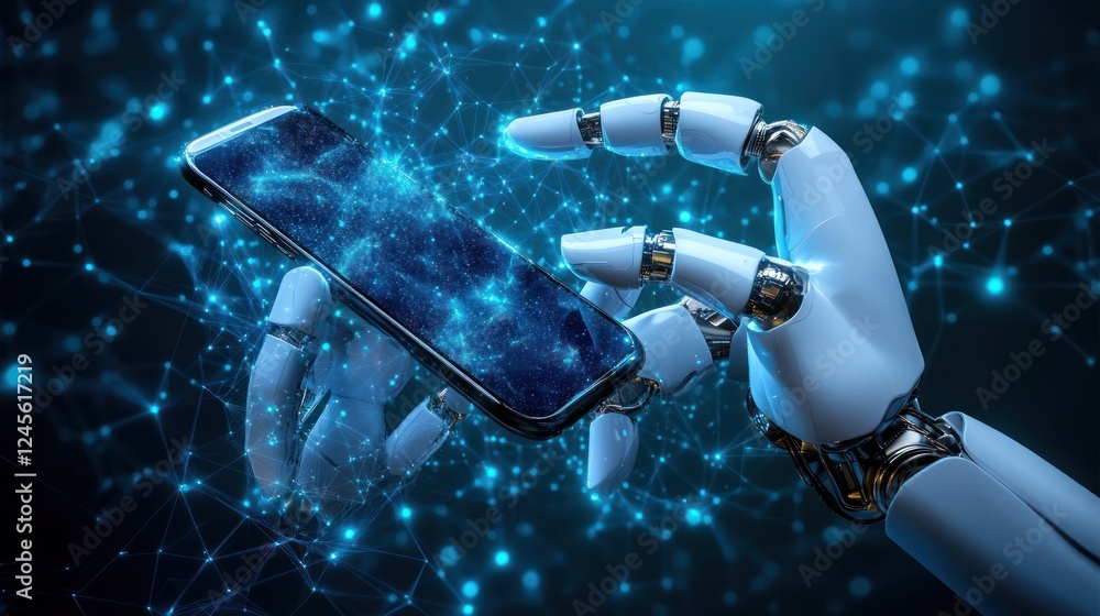 Aufkleber robotic hand using a smartphone with digital network.