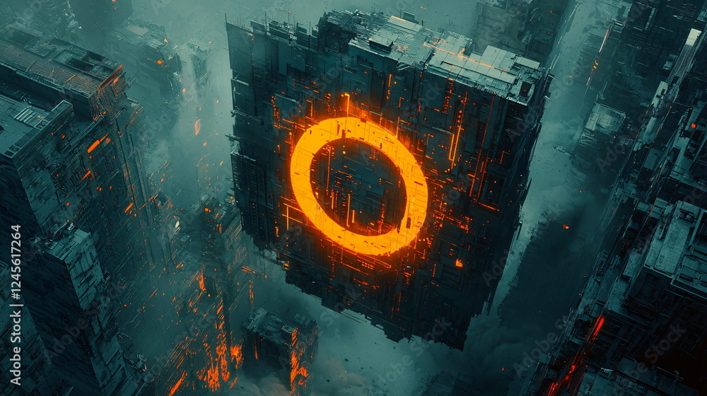 Poster mysterious futuristic cityscape with a glowing orange circular shape hovering above industrial build