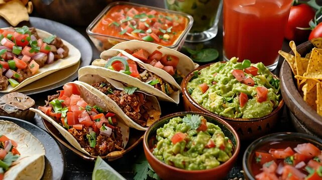 Abundant Mexican Feast with Tacos, Guacamole, Salsa, and nachos. Cinco de Mayo Celebration, traditional Latin-American cuisine - Powered by Adobe