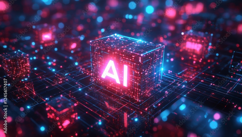 Poster futuristic digital environment with glowing ai blocks surrounded by abstract data streams and neon l