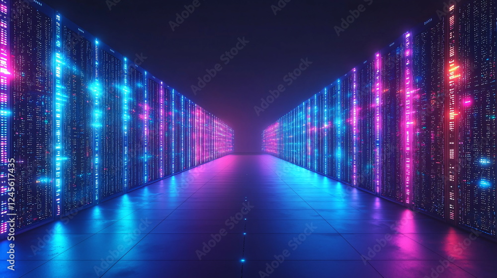 Poster neon-lit data corridor with glowing lines and vibrant colors, evoking a futuristic digital environme