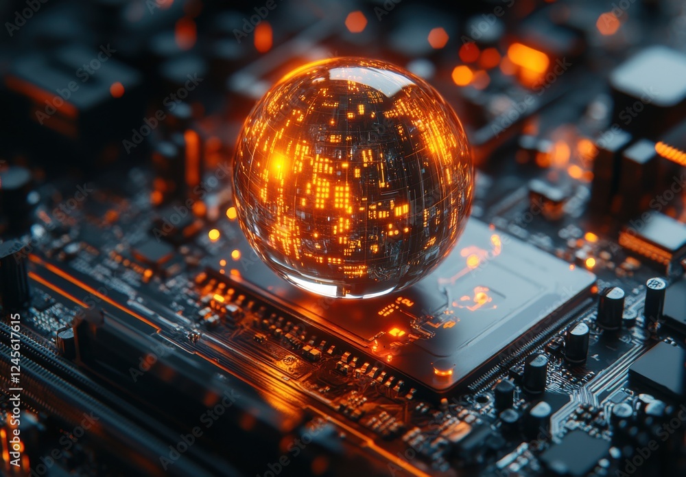 Poster futuristic digital globe on computer circuit board with glowing lights and intricate details highlig