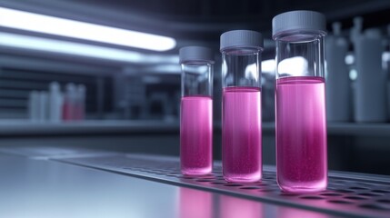 Three glass vials filled with vibrant pink liquid are displayed in a modern lab setting, featuring a sleek, sterile environment.