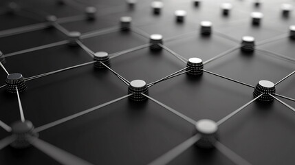 Network connections forming a geometric pattern on a dark surface with illuminated nodes creating a futuristic design emphasizing technological themes and digital concepts.