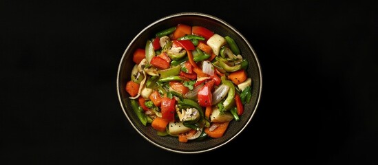Vibrant top view of assorted vegetable stir fry in a round bowl featuring green bell peppers, red tomatoes, orange carrots, and yellow onions against a dark background.