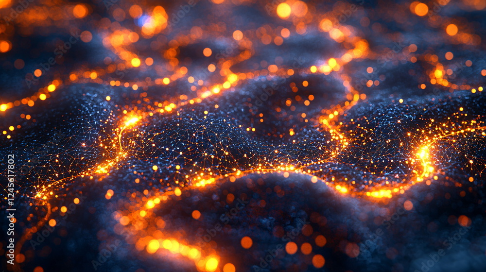 Poster luminous orange and blue abstract background with glowing particles creating a sense of depth and te