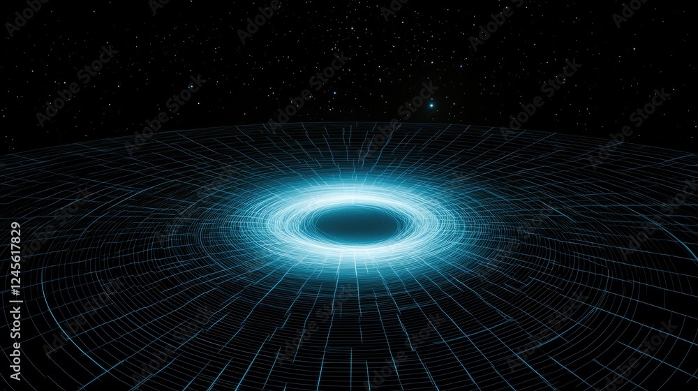 Poster exploring cosmic phenomena black hole simulation outer space digital art virtual environment wide an