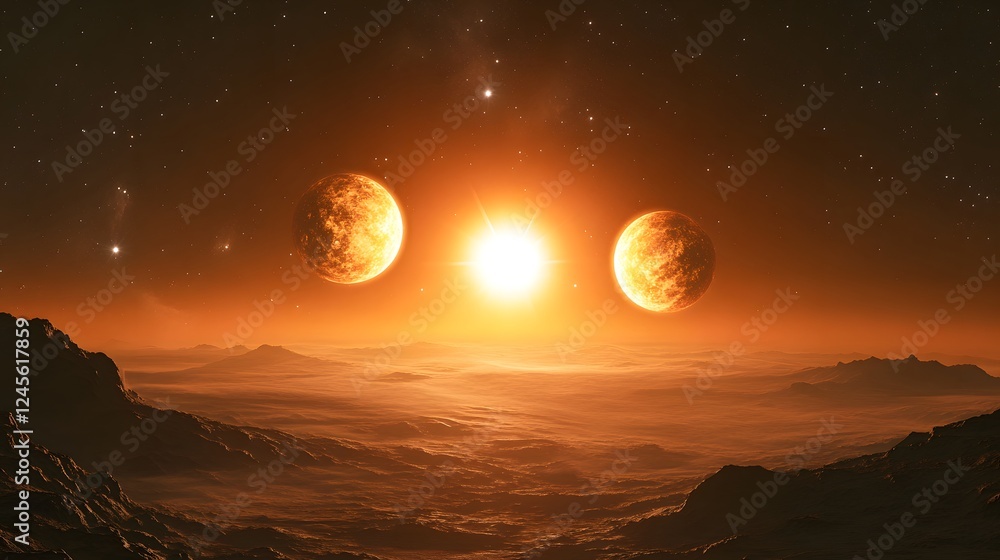 Poster view of a distant planet with two orbiting planets and hypothetical star systems in vibrant isolatio