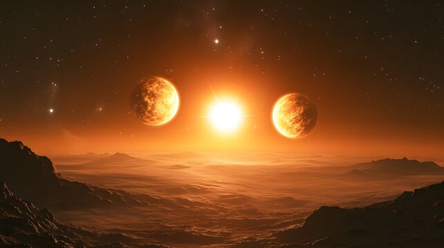 View of a distant planet with two orbiting planets and hypothetical star systems in vibrant isolation