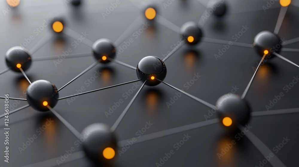 Aufkleber dark geometric network design with glowing orange nodes and connections on a black background, creat