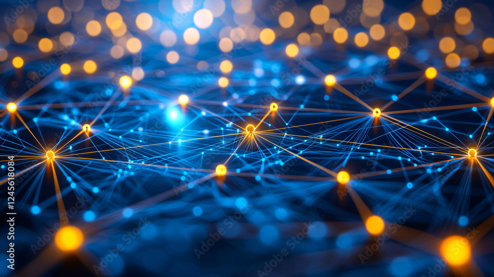 Poster dynamic network connections illuminated by glowing nodes, showcasing vibrant blue and orange hues in