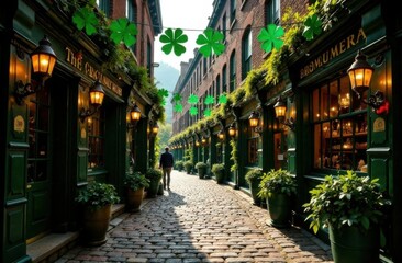 Fototapeta premium A cobblestone street adorned with green banners and shamrocks, leading to a historic Irish pub with golden light spilling out from its windows. st Patrick day