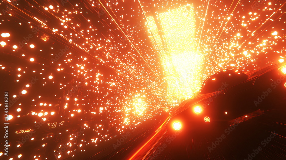 Poster radiant particles exploding in vibrant orange hues, creating a mesmerizing spectacle of light and en