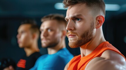 Obraz premium Intense workout session by male athletes in gym focused expressions fitness environment motivational concept