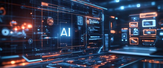 Futuristic Digital Interface Displaying Artificial Intelligence Concepts with Neon Glow, Data Streams, and Interactive Elements in a Tech Environment