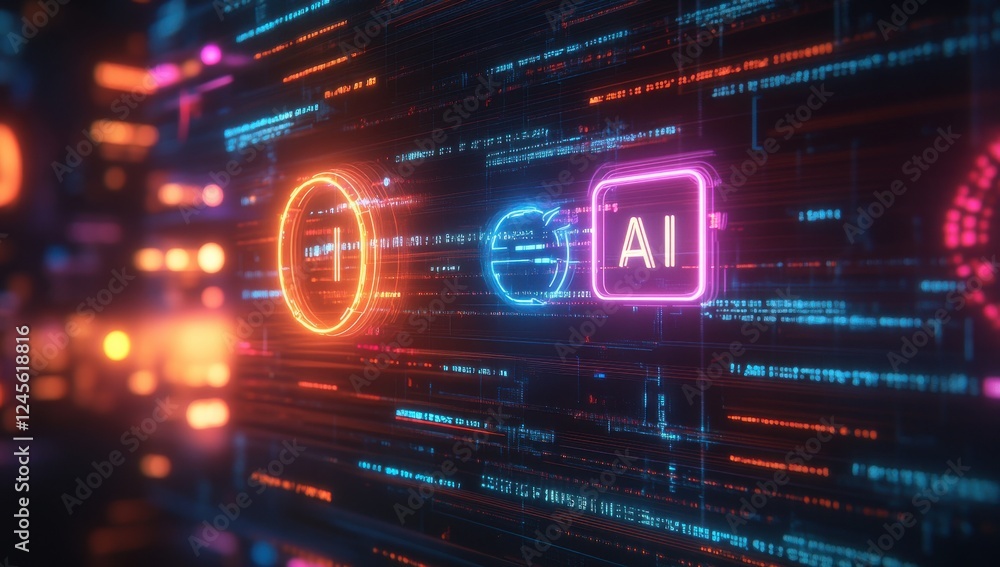 Aufkleber futuristic digital interface featuring glowing symbols representing artificial intelligence, technol
