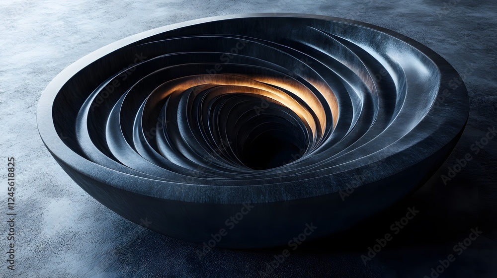 Poster large metal object with spiral design and gravity well visualization featuring funnel shapes in 3d v