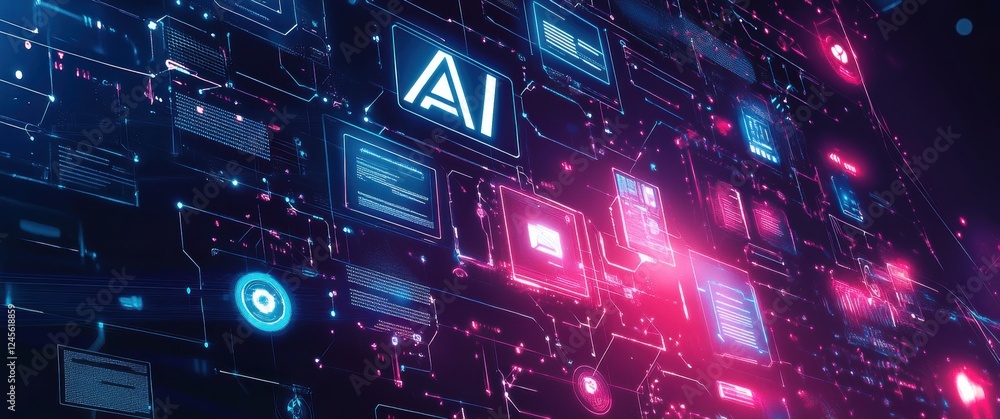 Poster futuristic digital interface showcasing artificial intelligence technology with glowing circuits and