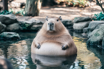 Funny capybara with fat belly swims in the water.