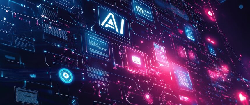 Futuristic digital interface showcasing artificial intelligence technology with glowing circuits and vibrant neon colors in a high-tech environment