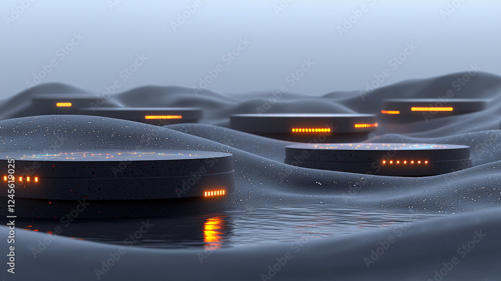Poster floating circular platforms illuminated with glowing lights amidst smooth, undulating surfaces refle