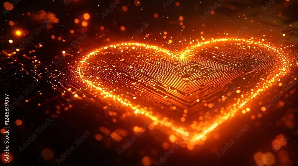Poster glowing heart shape composed of digital circuit patterns and sparkling lights on a dark background, 