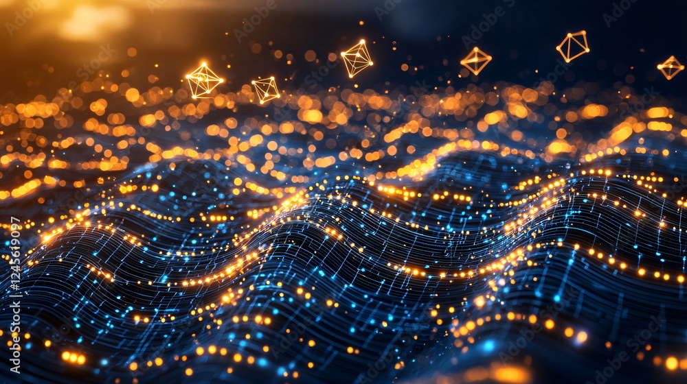 Aufkleber glowing waves of interconnected lines and particles create a vibrant digital landscape illuminated w