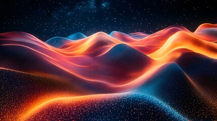 Fototapeta premium Colorful desert landscape under a starry sky with vibrant geometric nebula designs swirling in the night