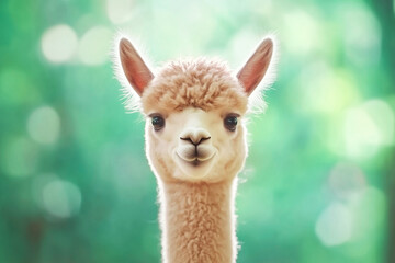 Portrait of alpaca on a blurred green background close-up.