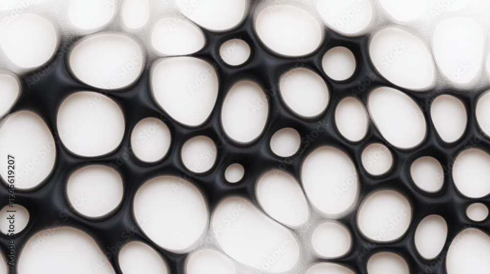 Poster abstract pattern featuring varying white and black circular shapes resembling bubbles or droplets, c