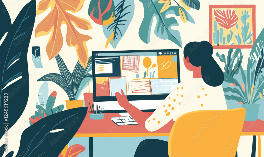 Poster digital content creation workspace with colorful elements and plants in minimalist style