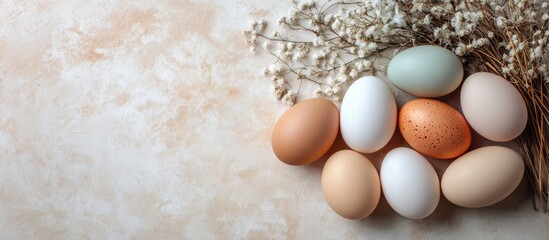 Pastel colored eggs arranged artistically on a textured beige background with dried flowers; subtle earthy tones and soft shadows.