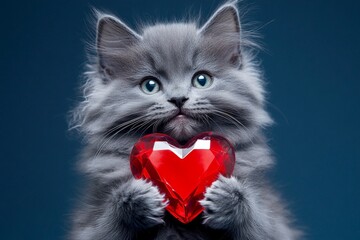 Marketing creative art. Ragamuffin - my desired cat. Cute ragamuffin kitty with diamond red heart - symbol of love, funny greeting card. Valentine's cat print. Red valentine's animal. Cute pe.