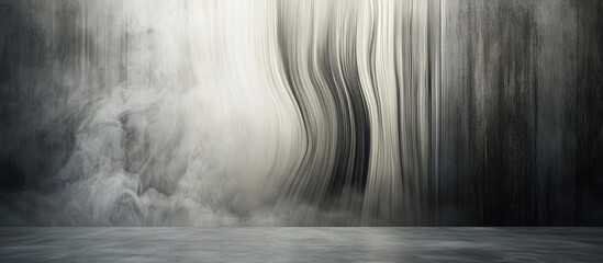 Abstract soft focus image featuring ethereal gray and white vertical lines cascading down, with a misty fog effect at the bottom and reflective surface.