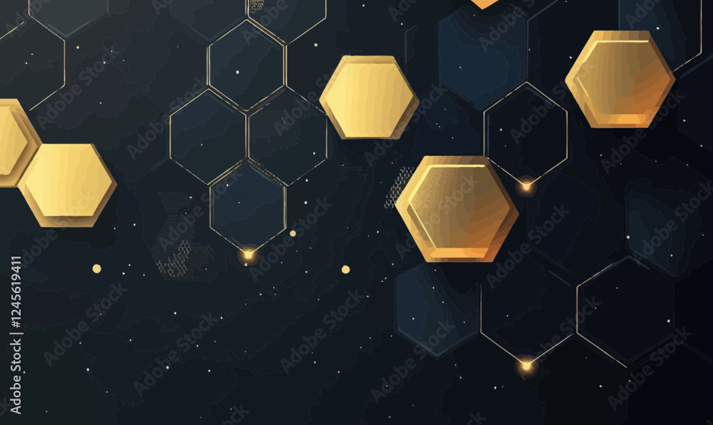 Poster abstract black and gold hexagon technology background with geometric honeycomb pattern