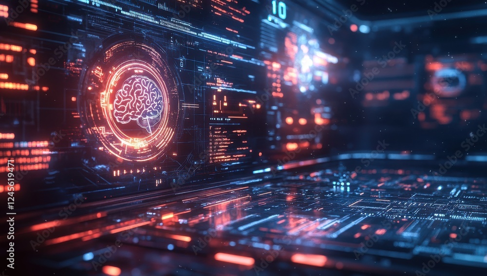 Poster futuristic digital interface with brain representation and data visualization in bright neon colors 