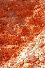 Fototapeta premium Red Clay Quarry Showing Terraced Layers And Rock Formations