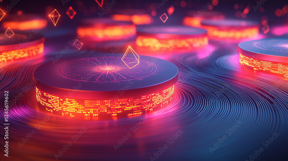 Poster glowing circular platforms emitting vibrant orange and purple light surrounded by floating geometric