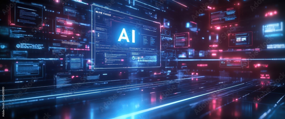 Poster futuristic digital interface with glowing ai symbols and holographic displays showcasing advanced te