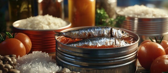 Pantry staples featuring canned sardines in tomato puree with rice, surrounded by tomatoes, salt, and olive oil in warm earthy tones.