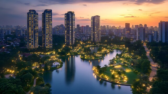 Futuristic mega-city skyline with modern architecture and vibrant urban landscape at sunset