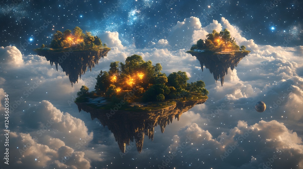 Poster floating island in the sky with trees and celestial planetary islands drifting through a starry back