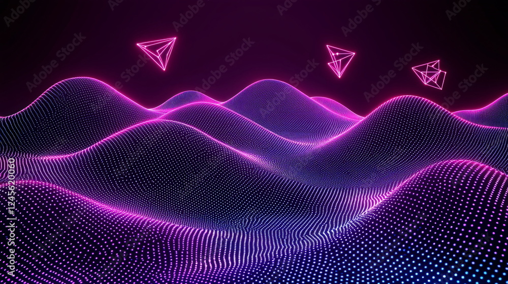 Poster neon waves undulating in a digital landscape with glowing geometric shapes above on a dark backgroun