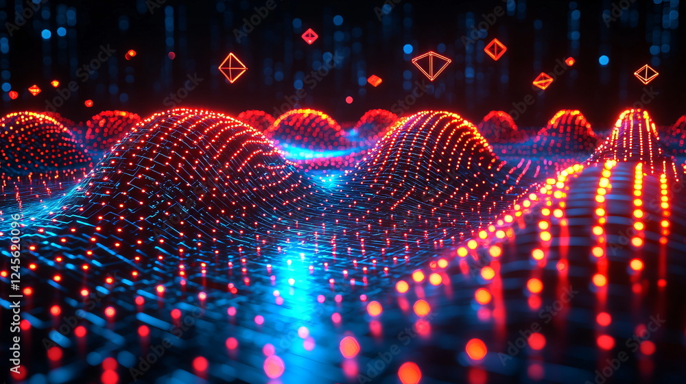 Aufkleber digital landscape with vibrant red and blue lights forming a wave pattern, featuring glowing geometr