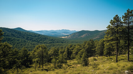 Obraz premium Outdoor Adventure Landscape. A mountain or forest area suitable for running or cycling, with a clear sky in the background