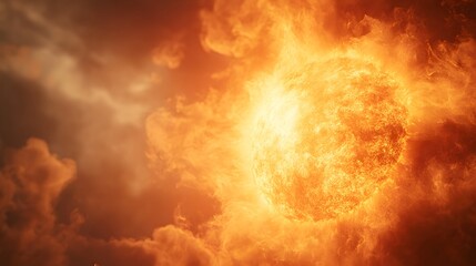 Large orange fireball and sunspot textures emerging from a glowing sun in a cosmic background