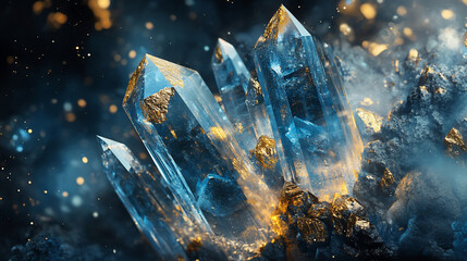 A cluster of sparkling blue crystals on a dark, textured background.