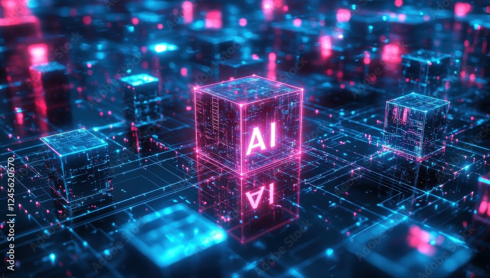 Poster futuristic digital landscape with glowing ai blocks surrounded by data connections in a neon color p